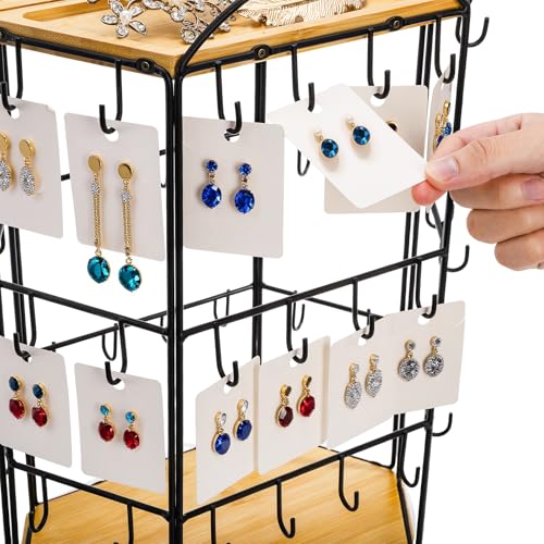 Rotating Earring Display Stand for Vendors, 48 Hooks Hexagon Bamboo Jewelry Holder, Large Capacity Jewelry Storage Showing Rack for Selling, Store, Home, Necklace Bracelet Keychain, 3 Tiers