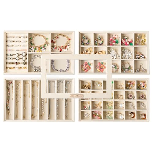 Frebeauty Stackable Jewelry Trays, Velvet Drawer Jewelry Organizer with Glass Lid,5 in 1 Multi-Functional Jewelry Storage for Earrings Necklaces Rings, 10.5 x 6.5 x 5.55 Inches Gift for Women(Beige) - color: Beige, size: Set5-a