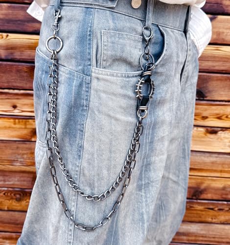 Layered Punk Pants Chain for Men Women, Gothic Hip Hop Jean Chain Wallet Chain Biker Trouser Chain, Goth Emo Fashion Keychain Accessories - color: 2L-Black Spiked