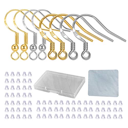 S925 Sterling Silver Earring Hooks - 8Pcs/4 Pairs Hypoallergenic 18K Gold Plated Ear Wires Fish Hooks for Jewelry Making, Jewelry Findings Parts with Rubber Earring Backs Stopper for DIY Jewelry - color: Regular Silver and Gold