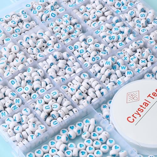 Acrylic Letter Beads 4mm Flat Round, 6mm Square - Beads for Making Friendship Bracelet or Necklace (26 Pieces of Flat Round White with Blue) - color: 26 pieces of flat round white with blue