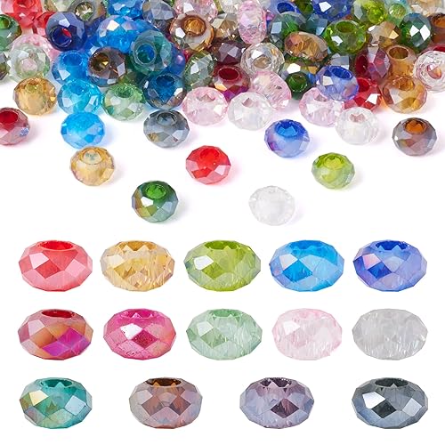 Cheriswelry 100pcs Faceted Rondelle Glass European Large Hole Beads AB Color No Metal Core Crystal Loose Spacer Beads Slide Charms 14x8mm Snake Chains Bracelet Beads for DIY Necklace Jewelry Making - color: Faceted Glass-Rondelle