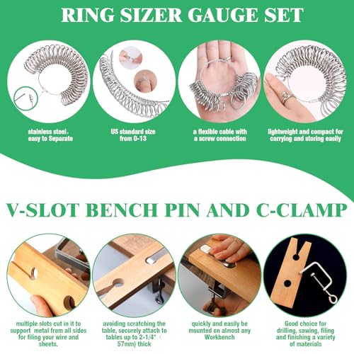 Yauhar 14Pcs Jewelry Making Tool Set Contains Flat Nose Jewelry Pliers, V-Slot Bench Pin Clamp, Wood Ring Mandrel Shaper, Rings Size Measuring Tools, Mallet Hammer, Steel Ring Sizing Gauge Sizers