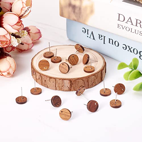 PH PandaHall Pandahall 50pcs Walnut Wood Flat Round Earring Stud 10mm Natural Wooden Earring Stud with 316 Stainless Steel Findings for DIY Earrings Making, Hole: 1.6mm