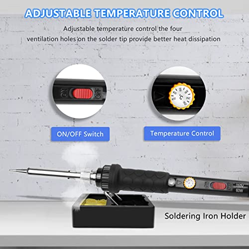 Soldering Iron Kit, 60W 110V Soldering Irons, Adjustable Temperature Soldering Welding Tool Kit with Extra 5pcs Tips, Stand, Sponge, Solder Wire - color: 9-in-1