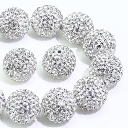 Dowarm 16MM White Rhinestone Beads for Crafting, Round Polymer Clay Crystal Beads for Jewelry Making Bracelet Necklace Earring Beaded Pen, Fancy Shamballa Pave Disco Ball Diamond Chunky Bead, 20PCS - color: 01-Crystal Clear | White, size: 16MM