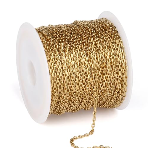 33 Feet Gold Rolo Cable Chain Bulk, 1.5mm 18K Gold PVD Plated 304 Stainless Steel Diamond-Cut Oval Rolo Cable Link Chains Roll Spool for Jewelry Making - color: Gold Color, size: 1.5mm width
