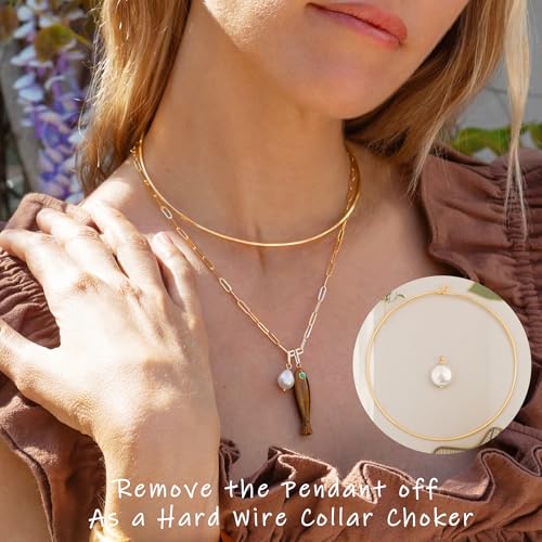 Aobei Pearl 18K Gold Plated Cuff Choker Necklace for Women Chunky Wire Chain Collar Jewelry - style: Round Wire Coin Pearl