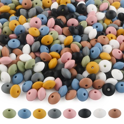 Sunrony 200Pcs Silicone Lentil Beads for Keychain Making,Bulk Mixed Color 12mm Silicone Abacus Spacer Beads for Necklace Bracelet Making Pens (Deep Lentil) - color: B-Deep Lentil