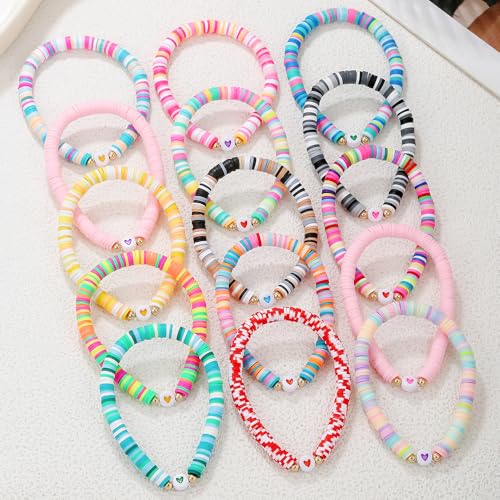 Friendship Bracelets Boho Stackable Bracelets for Women Surfer Heishi Clay Bead Bracelets Stretch Preppy Bracelets Colorful Boho Bracelets for Women - color: 15pcs heart