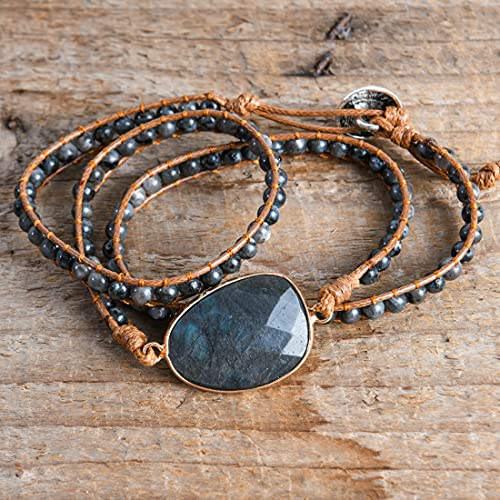 YGLINE Women Boho Handmade Natural Stone Crystal Leather Bead Wrap Bracelets Collection - color: Labradorite-3w