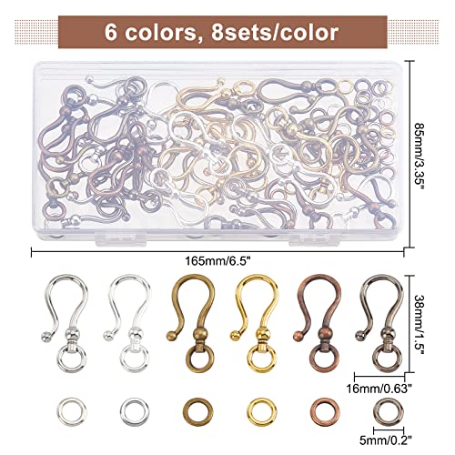 CHGCRAFT 48sets 6 Styles Tibetan Style Alloy S Hook Clasps for Bracelet Necklace Jewelry Making Mixed Color, 1.5x0.63x0.3inch