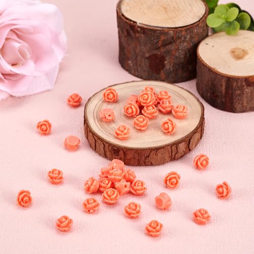Beadthoven 50pcs Opaque Resin Rose Flower Beads Salmon Floral Flat Base Cabochons Embellishment for DIY Scrapbooking Jewelry Making 9x7mm Hole: 1mm - color: Salmon#9x7mm-50pcs