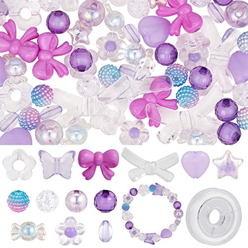 SUNNYCLUE 150Pcs 13 Style Acrylic Assorted Candy Beads Pastel Acrylic Transparent Flower Beads Bulk Star Heart Butterfly Round Spacers for Jewelry Making Women Adult DIY Bracelet Necklace Crafts - color: 150pcs Purple Themed Beads