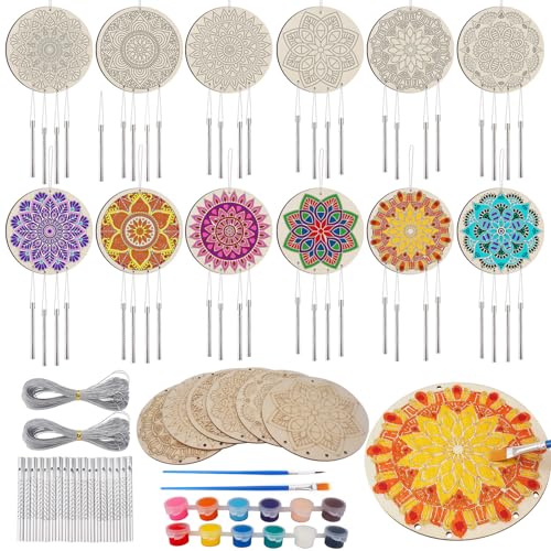 24 Sets Mandala Wind Chimes Craft for Kids,DIY Wood Hanging Bulk Ornaments Painting Craft,Color Your Own Mandala Windchime,Coloring Wind Chime for Kids Gifts School Home Party Activity Project Decor