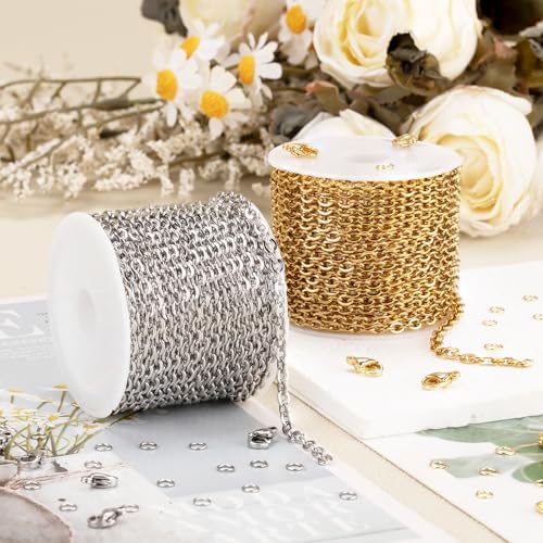 SMYHTGLIF 32.8 Feet Stainless Steel Chain for Jewelry Making 2 Rolls Gold and Silver Jewelry Making Chains Craft Chain Roll Oval Cable Bulk Chain Jewelry Supplies - size: 4.1×3mm