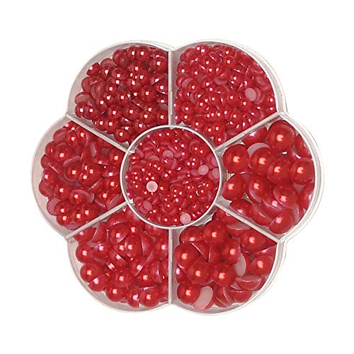 Chenkou Craft 1900pcs Red Assorted 7 Sizes Imitation Half Pearl Bead Flatback Scrapbook Craft DIY Loose Beads + Plastic Box - color: Red