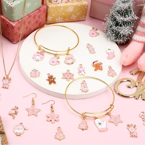 MARFOREVER 40 Pcs/20 Pairs Christmas Charms for Jewelry Making, Pink Christmas Enamel Charm Holiday Xmas Bangle Pendants for Bracelet Necklace Earrings Making Accessories - style: Pink Christmas