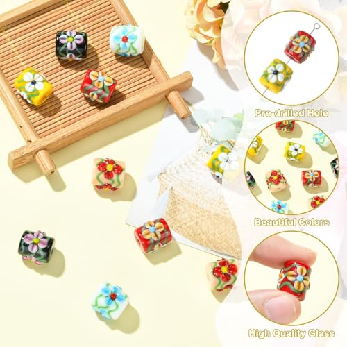 Stiesy Painted Column with Flower Glass Beads 10Pcs, 5 Colors Glass Spacer Loose Beads Bulk for DIY Jewelry Making Necklace Bracelet Earring Keychain Crafts 13x13mm - color: Column with Flower-5 Colors -10pcs