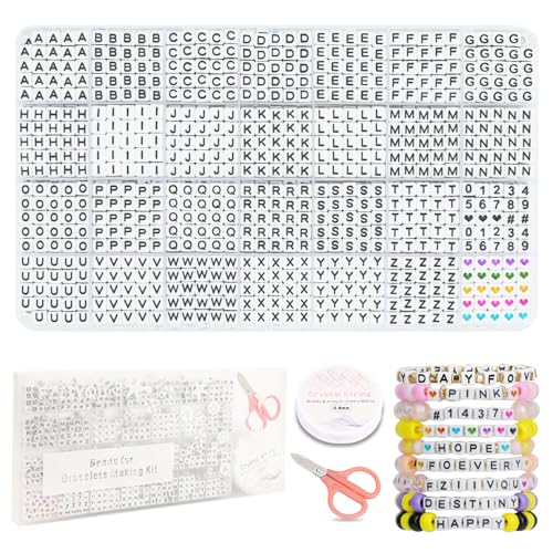 FZIIVQU 1400 Pcs Letter Beads Kit, 28 Styles White Acrylic Alphabet Beads Letter Beads for Jewelry Making wiht Number Beads Heart Beads Friendship Bracelet Kit - color: Black Letter & White Base, size: 6*6mm