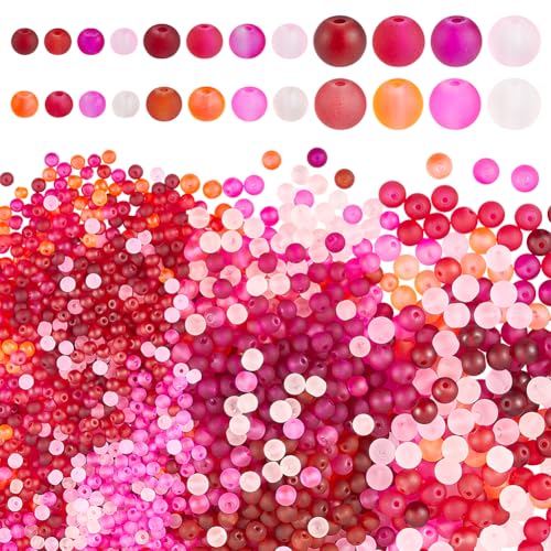 PH PandaHall 1880pcs Red Pink Glass Beads 24 Styles Transparent Frosted Beads 4mm 6mm 8mm Round Jewelry Bead Craft Bead for Bracelet Necklace Earring Jewelry Making DIY Craft Wedding