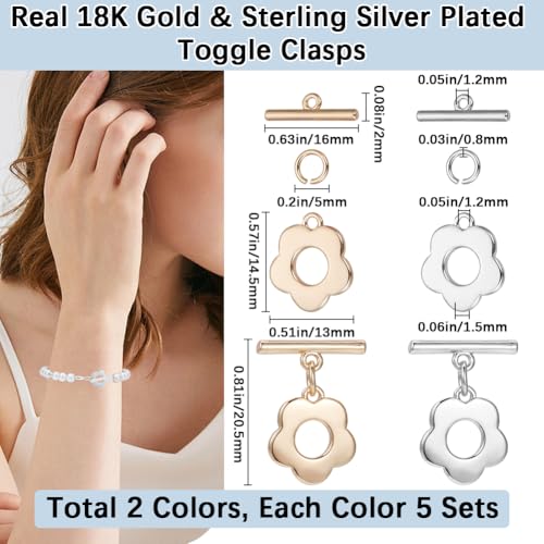 Beebeecraft 1 Box 10 Sets Flower Toggle Clasps 18K Gold & Sterling Silver Plated Brass Toggle Jewelry Clasps Connector T Bar Clasps with Jump Rings for Necklace Bracelet DIY Crafts Making - color: Gold and Silver