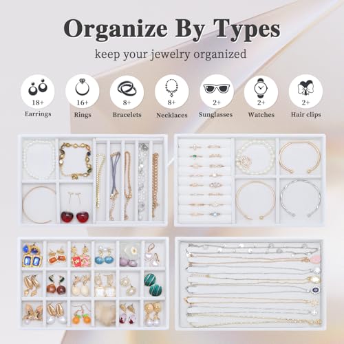 Jewelry Drawers Organizer Trays,4 Layer Stackable Jewelry Drawer Inserts Velvet Jewelry Tray Storage Display Tray for Earring Necklace Rings Bracelet