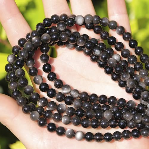 6mm Natural Stone Beads 65pcs Silver Obsidian Polished Round Smooth Crystal Loose Gemstone Beads for Jewelry Making DIY Bracelet Necklace Earring Crafts Supplies - color: Silver Obsidian 6mm-65pcs