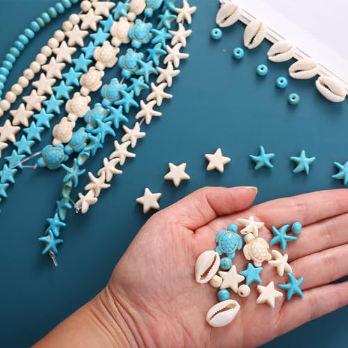 344Pcs Turquoise Sea Turtle Beads Blue and White Starfish Beads Tortoise Turtle Charms Summer Beach Animal Spacer Bead Shell Bead for Jewelry Making DIY Bracelet Necklace (8 Strings) - color: Blue and White