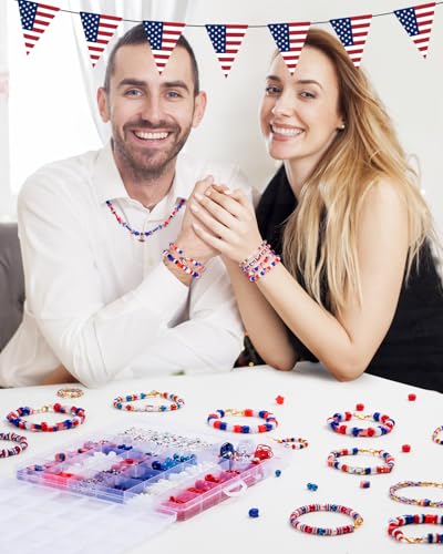 Goldwise 1578Pcs 4th of July Red White Blue Beads Bracelet Making Kit with Clay Seed Plastic Pony Pearl Beads, Patriotic USA Flag Star Beads, Metal Charms Earrings for Jewelry Making - size: 4th of July