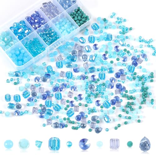 Crystal Glass Beads for Jewelry Making - 530pcs Faceted AB Color & Clear Sparkle Loose Beads, Assorted Shapes Iridescent Beads for Bracelets, Necklace, DIY Crafts & Suncatchers, Gift for Beginners - color: blue
