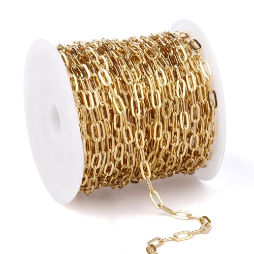 33FT 18K Gold PVD Plated Paperclip Chains Roll, 3.3mm Gold Stainless Steel Oval Link Chains Spool Bulk for DIY Jewelry Making Necklace Bracelet - color: 18k gold(3.3mm)