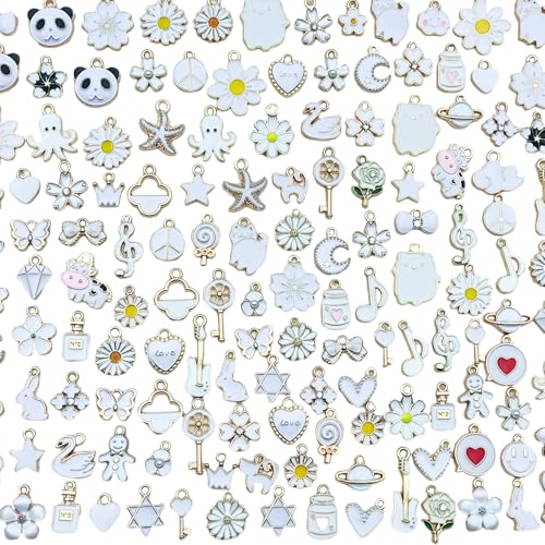 50/100 pcs Enamel Charms, Alloy Flowers Heart Sewing Butterfly Themed Charm Pendants for Jewelry Making, Assorted Gold Plated Dangle Charms for DIY Necklace Bracelet Earring Craft - color: White - 100 pcs