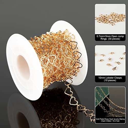 YOUBEIYEE 16.4 Feet Gold Plated Heart Chain Brass Handmade Embossed Link Chains Bulk on Spool with Open Jump Rings Lobster Clasps for Bracelet Necklace Jewelry Making - color: Gold Hollow Heart