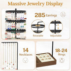 MODOWEY Earring Holder Organizer Jewelry Stand, 285 U-Slots Adjustable Rotating Earring Tree Rack, 14 Hooks Tall Necklace Display for Women, 5 Tier Compact Large Capacity Tower with Ring Tray, Black - color: Black-Brown