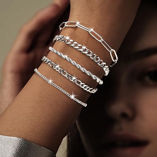 Gold Bracelets Set for Women Stack, Chunky Thick Bracelets Stack for Women Trendy, Simple Dainty Thin Gold Plated Cuff Stackable Bracelets With Beaded Cuban Paperclip Snake Rope Bangle Hand Chain Jewelry - style: Style 03-silver