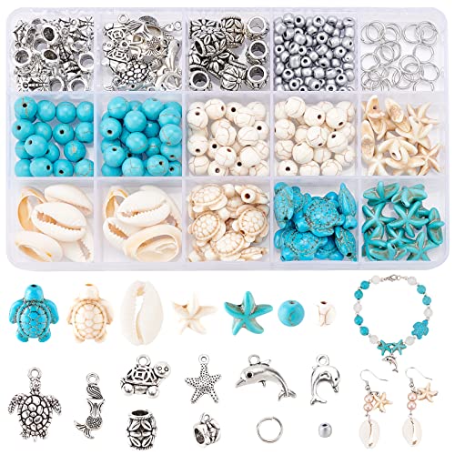 PH PandaHall 292pcs Turquoise Jewelry Making, Boho Ocean Beach Shell Bead Charms Starfish Mermaid Turtle Beads Summer Sea Dangle Pendant for Gift Bracelet Necklace Earring Anklet Craft Jewelry Making - color: Blue