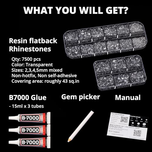 7500Pcs Transparent Clear Rhinestones Flatback with b7000 Glue for Crafts Clothing Crafting Shoes Tumblers Cups Jeans Bedazzling, Resin Rinestones Gems Flat Back Crystals Diamonds 2-5mm - color: Transparent 2-5mm, size: Small Pack + 3pcs Glue