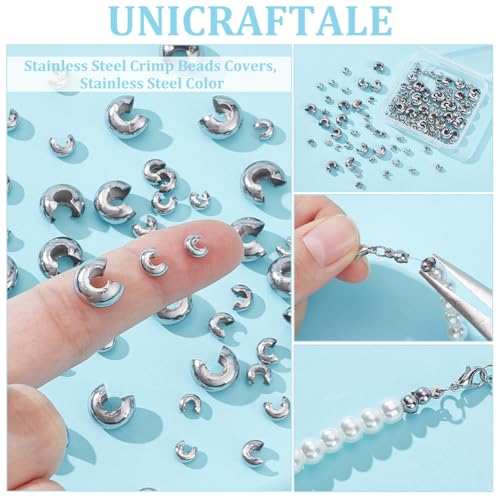 UNICRAFTALE 150pcs 3 Sizes 4.5/6/10.5mm Diameter Crimp Beads 304 Stainless Steel Crimp Beads Covers Beads End Tip Half Round Open Crimp Beads for Women Bracelet Necklace Jewelry Making - size: 4.5/6/10.5mm Dia