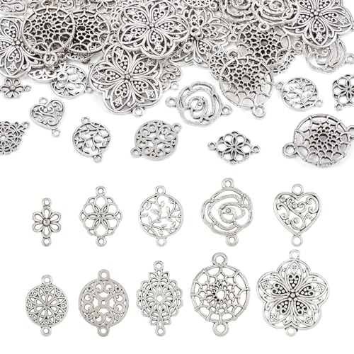 Beadthoven Bracelet Jewelry Connectors Charms Links for Jewelry Making, Antique Silver Metal Filigree Charms Golden Cubic Zirconia Charms Pendants Connectors for Earrings Bracelet DIY Findings - color: AS-Flowers#60pcs