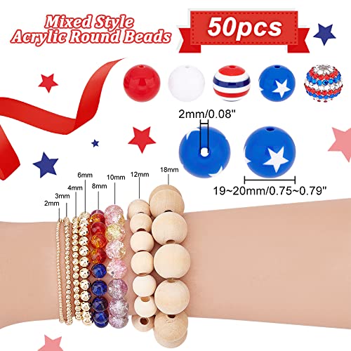 PH PandaHall 4th of July Beads, 50pcs Bubblegum Beads 20mm Chunk Pen Beads Patriotic Beads Blue Red Beads Acrylic Stripe Beads Large Beads for Independence Day Flag Day Garland Sports Jewelry Making - color: Blue Red