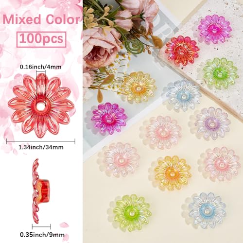 1 Box 100PCS Flower Bead Caps with Large Holes Ab Color Transparent Acrylic Floral Plastic Flowers Spacer Loose Beads Charm Bulk for Adults Jewelry Making Necklaces Bracelets DIY Crafts