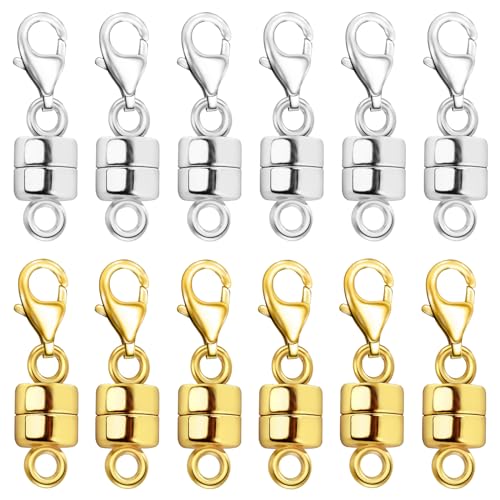 OHINGLT Magnetic Necklace Clasp Extra Strong, Gold and Silver Plated Magnet Jewelry Clasps Converters, Bracelet Extender for Women Seniors - color: 12Pcs | 6Gold & 6Silver