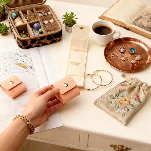 2 Pcs Mini Travel Jewelry Bag, Portable Foldable Small Jewelry Organizer with Snap Button, Compact Jewelry Case for Earrings Rings Necklaces - Lightweight Jewelry Storage Organizer, White, Pink