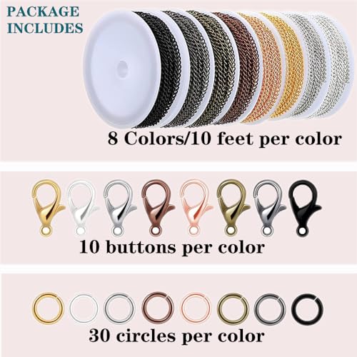 80ft Jewelry Making Kit - 8 Color Stainless Steel Curb Chain, 240 Jump Rings & 80 Lobster Clasps for DIY Bracelet, Earring & Necklace Crafts (2*3 mm) - color: 8 Colors Curb Chain 80FT