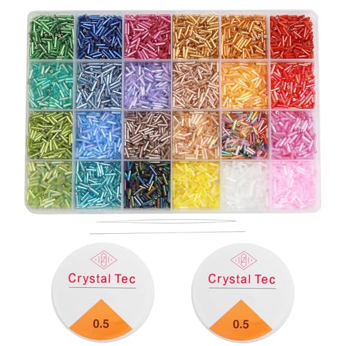 9600pcs Tube Beads Kit for Adults, Glass Bugle Seed Beads for Jewelry Making, Small Craft Bead for DIY Bracelet Necklaces Craft Making with Two Crystal String (7mm/24 Colors)