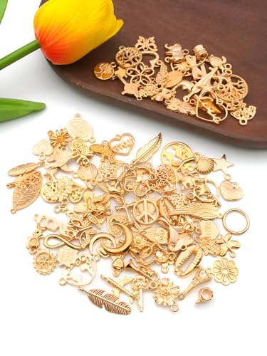 100 Pieces Jewelry Making Charms Pendants for Bracelet Bulk lot Necklace Earrings Keychain Charms Beads DIY Kit Trendy Craft - style: Gold Heart Butterfly