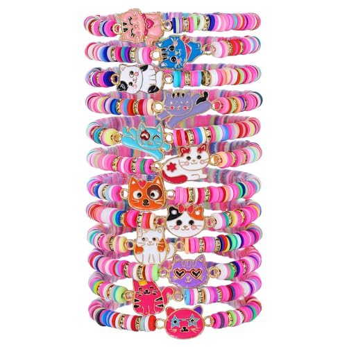Friendship Bracelets Boho Stackable Bracelets for Women Surfer Heishi Clay Bead Bracelets Stretch Preppy Bracelets Colorful Boho Bracelets for Women - color: 12pcs cute cat