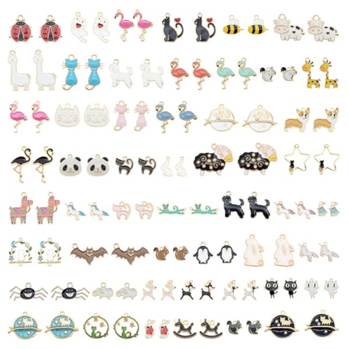 100pcs(50PAIRS) Assorted Animal Enamel Pendants Charms Dog Cat Bee Flamingo Giraffe Unicorn Enamel Charms for Bracelet Earring Necklace Making