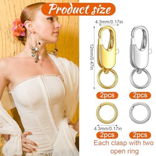 4 Pcs Stainless Steel Lobster Claw Clasps with Jump Rings, No Tarnish Jewelry Findings for Necklace Bracelet Anklet Making, Strong Spring Snap Hooks Closures (12mm/0.47 Inch, Silver + Gold)